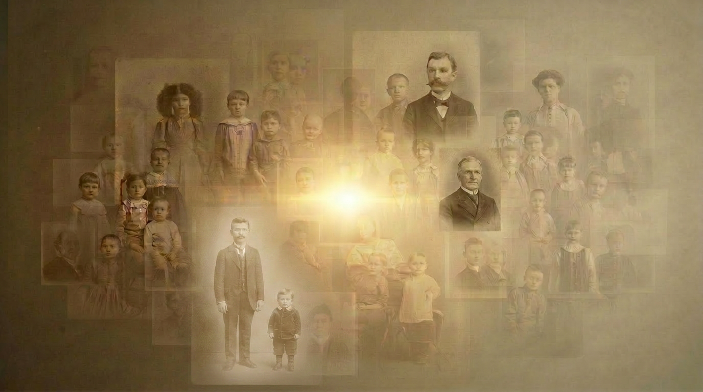 Archival photographs fading into a modern digital glow.