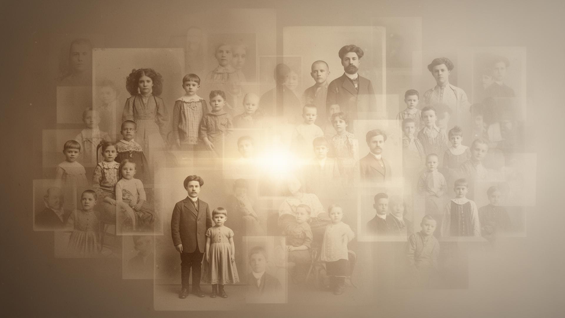 Archival photographs fading into a modern digital glow.