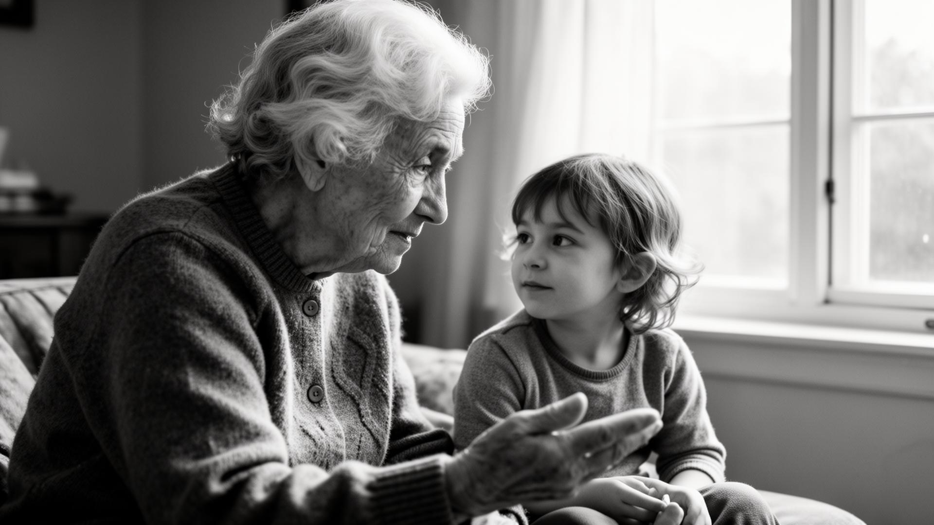 A grandmother in conversation with her grandchild, soft window light.
