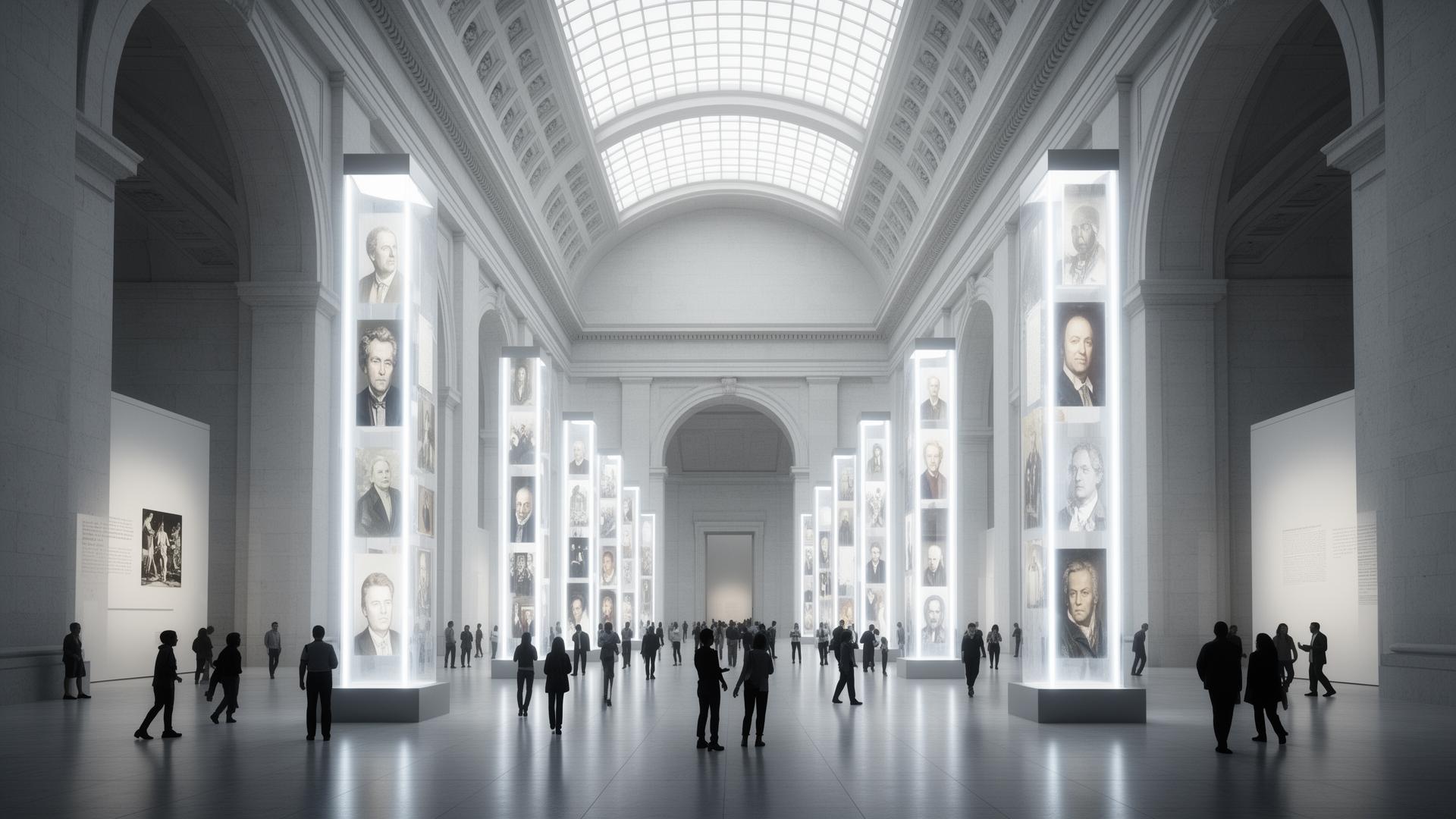 A futuristic archival museum, visitors among pillars of preserved portraits.