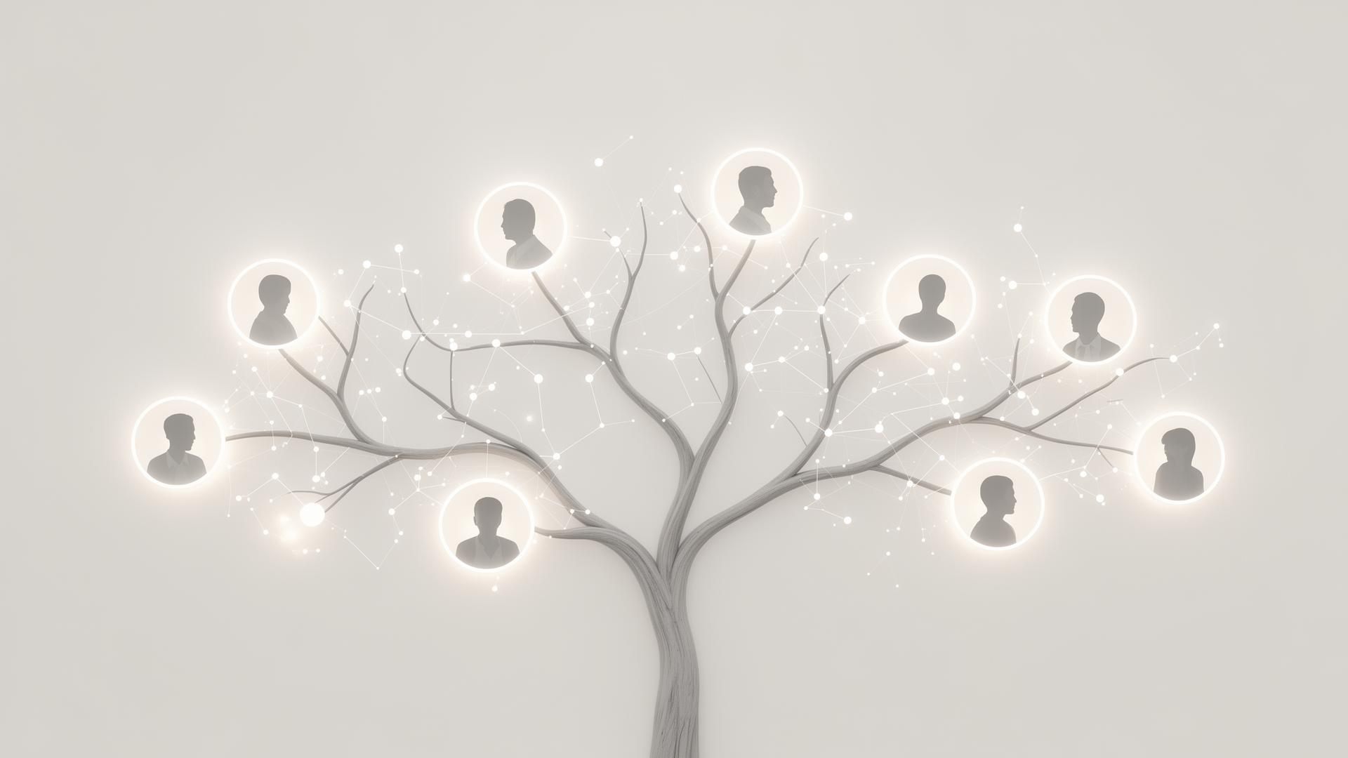 An interactive family tree of luminous portraits and connections.